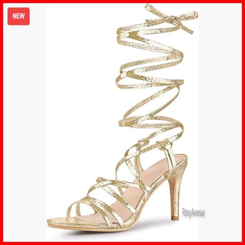 Snakeskin Print Strappy Lace Up Heeled Sandals Stiletto 3.7 Inch